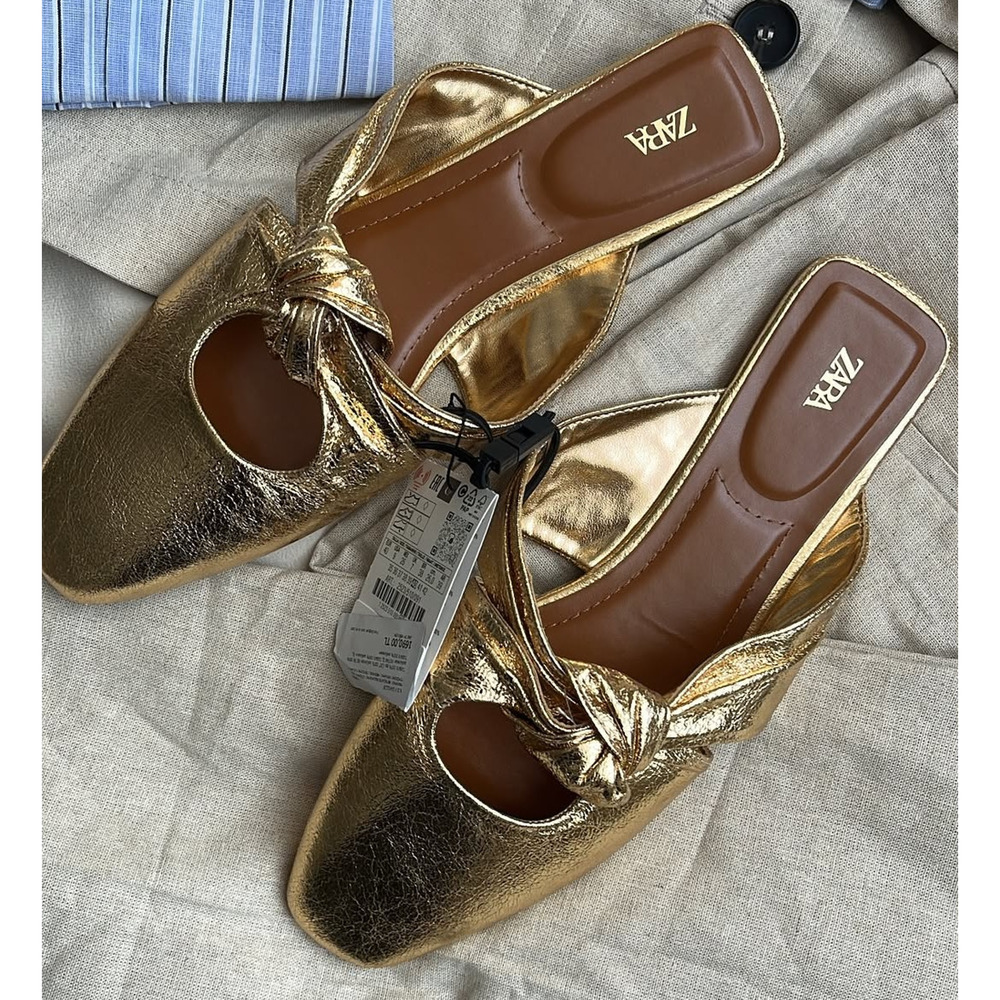 Zara NWT Gold Metallic Knot Square Toe Mules 7.5 8 - Picture 9 of 16